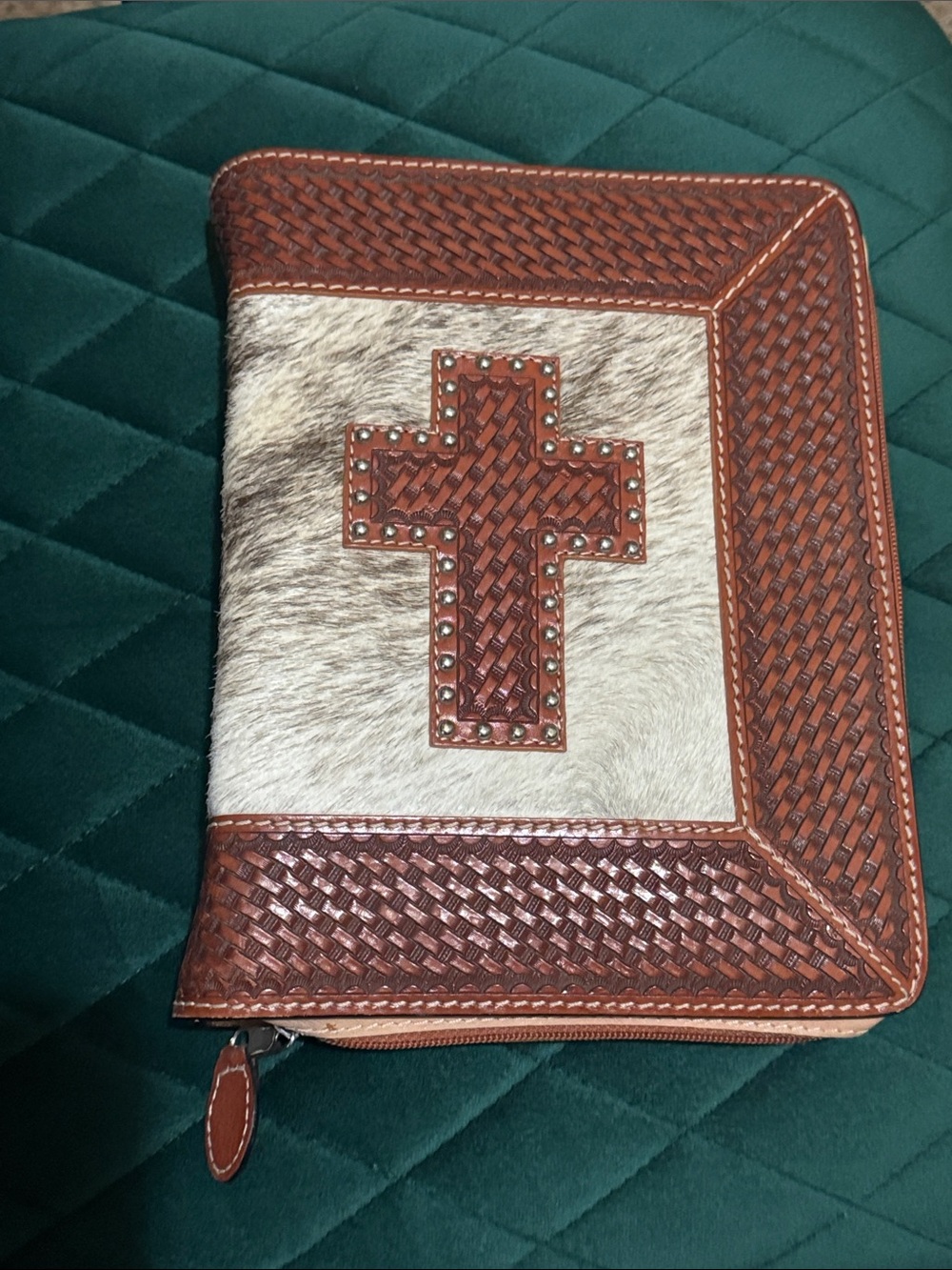 Brown Hair-on Hide Cross Zip-Around Men’s Folio or Bible Cover western notebook
